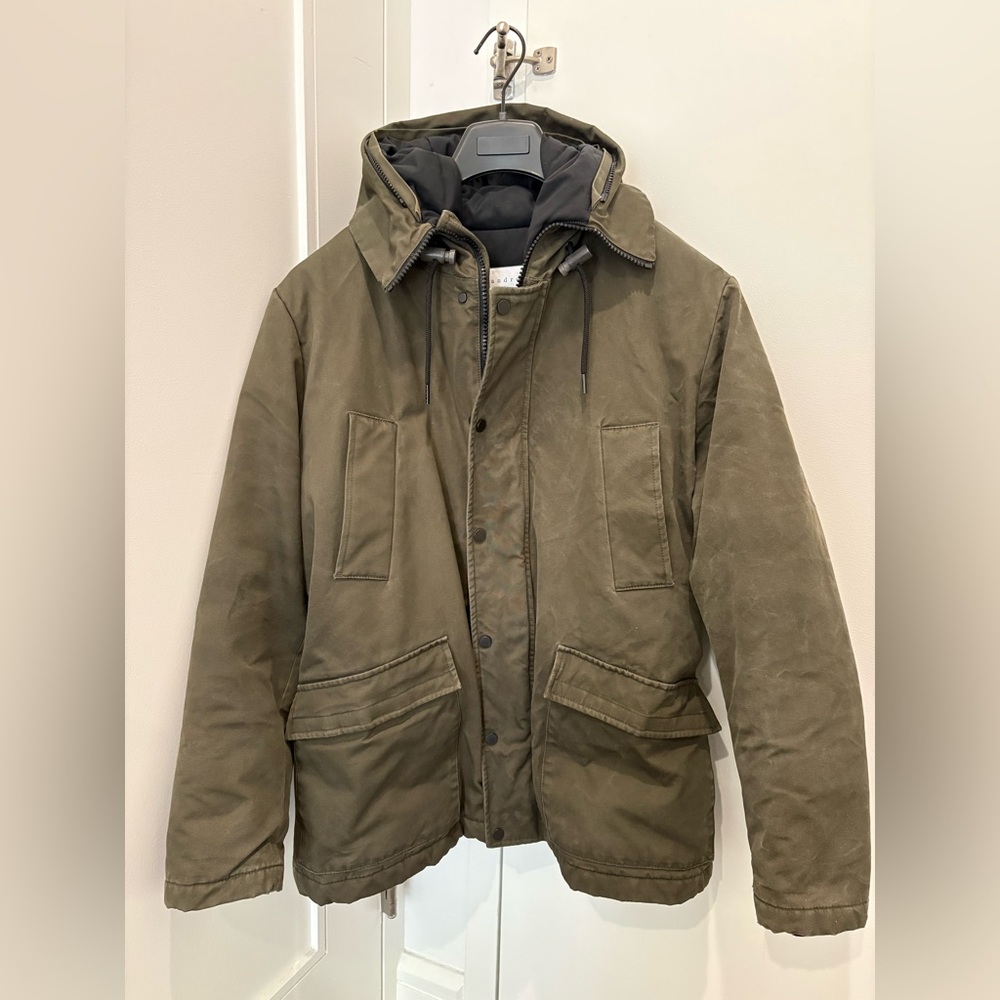 Sandro Paris Cotton Padded Parka Mens Hooded Coat in Khaki Size XL Washed Style